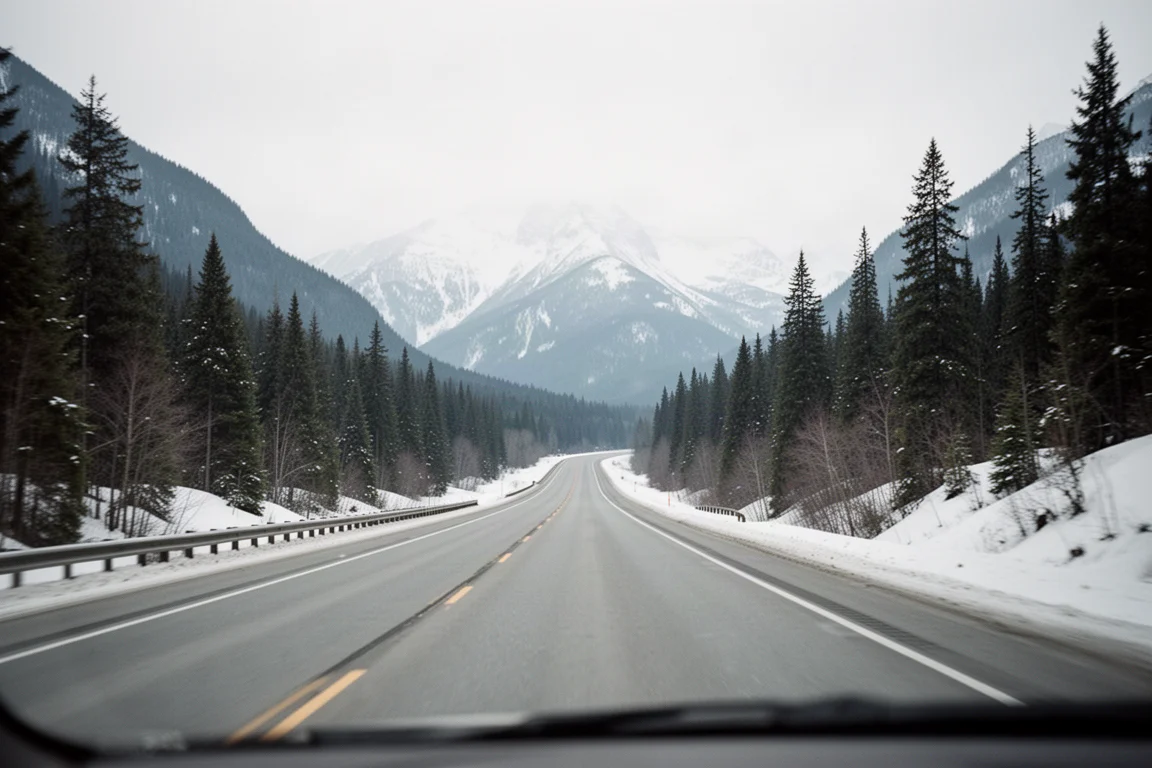 空曠的雙線雙車道山區公路蜿蜒穿過 BC 內陸雪景