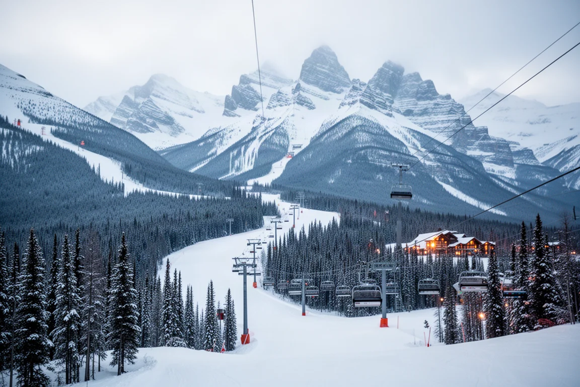 Snowy Canadian mountain ski slopes with chairlift and jagged peaks under soft light