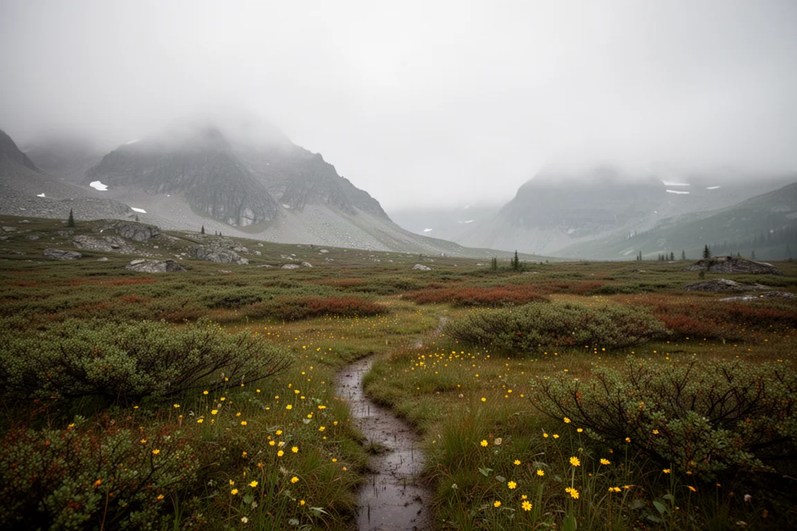 Hochalpine Wiese in den Rockies unter tiefgrauen Wolken mit dichtem Gebüsch und nebligen Gipfeln