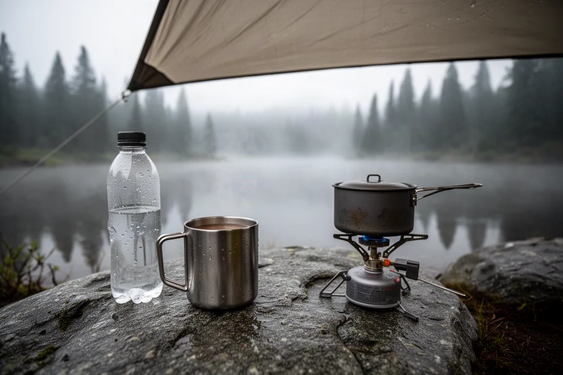 Feuchte Campküche im Morgengrauen mit Becher, Wasserflasche und nebligem See im Hintergrund