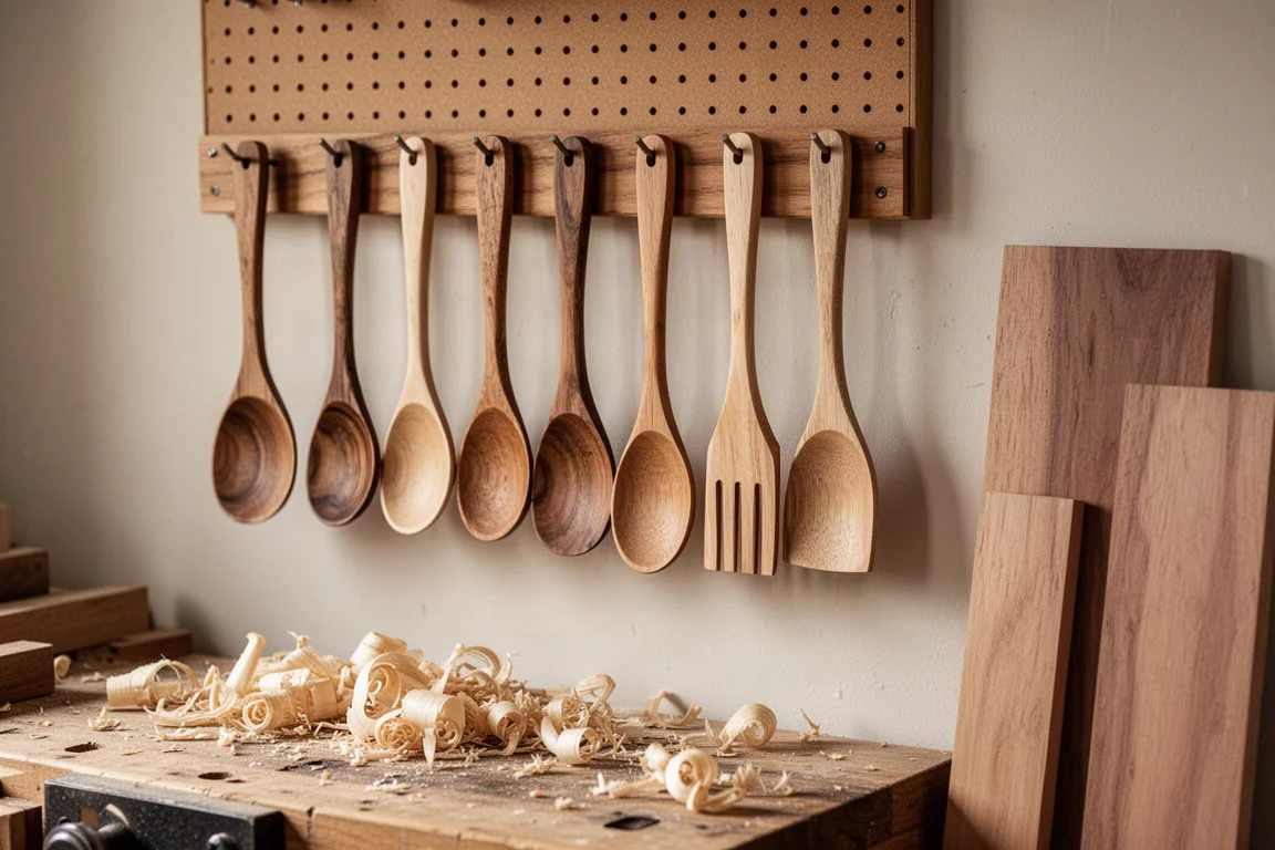 Houten lepels en spatels hangen in een rustieke familiale houtwerkplaats