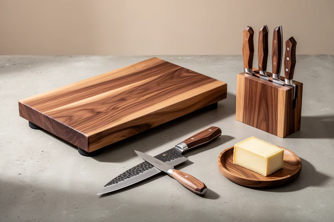 Collection of Canadian-made cutting boards, chef knives, and wooden kitchen accessories on a concrete surface