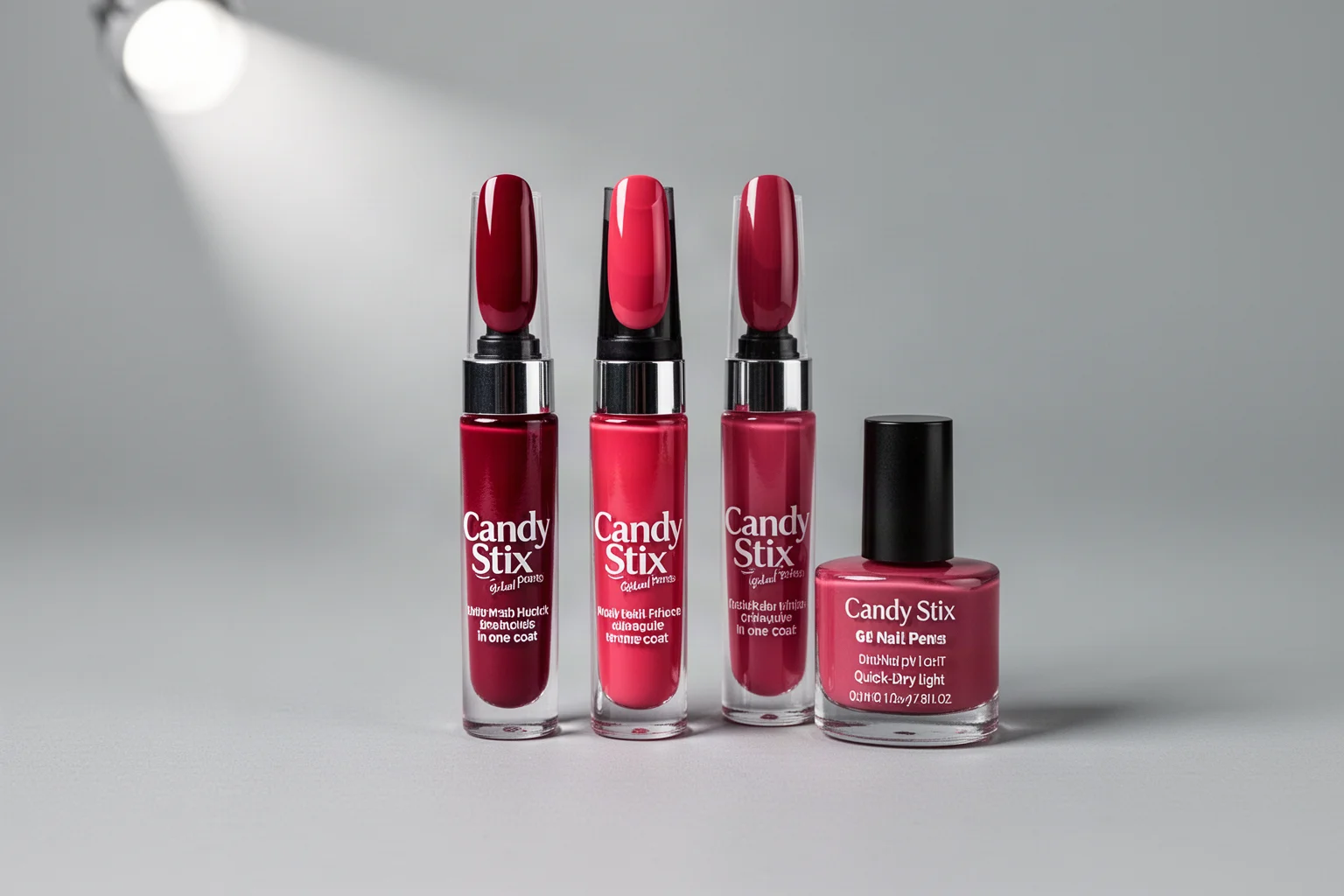 Flachliegende Beauty-Produkte, darunter Gelee-Parfüm, Regenbogen-Lidschatten, Haarfarbe und Nagelstifte