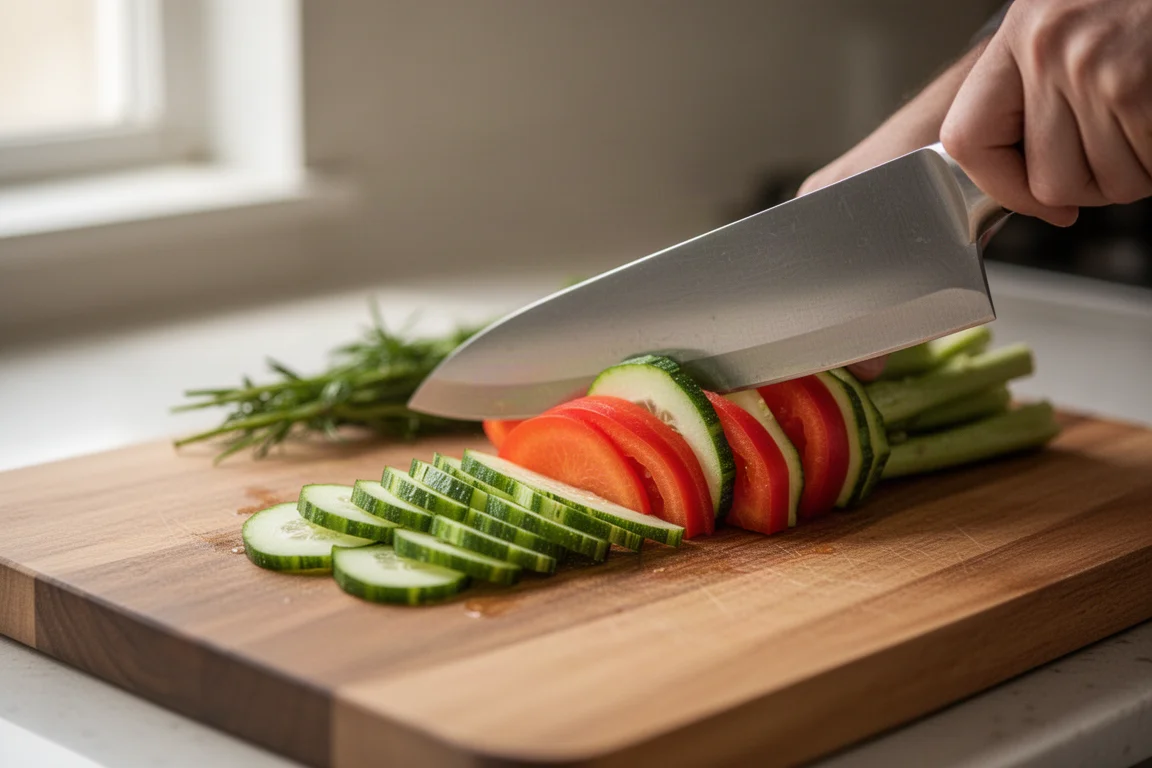 Chef knife slicing cleanly through fresh vegetables on a wooden cutting board