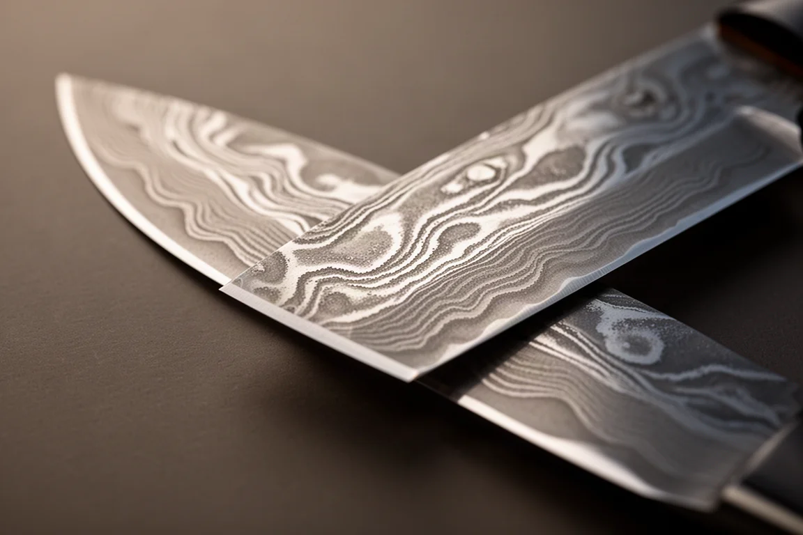 Close-up of a Damascus-patterned knife blade showing layered steel texture