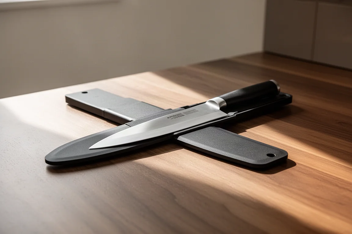 Knife stored in a magnetic sheath lying on a kitchen counter