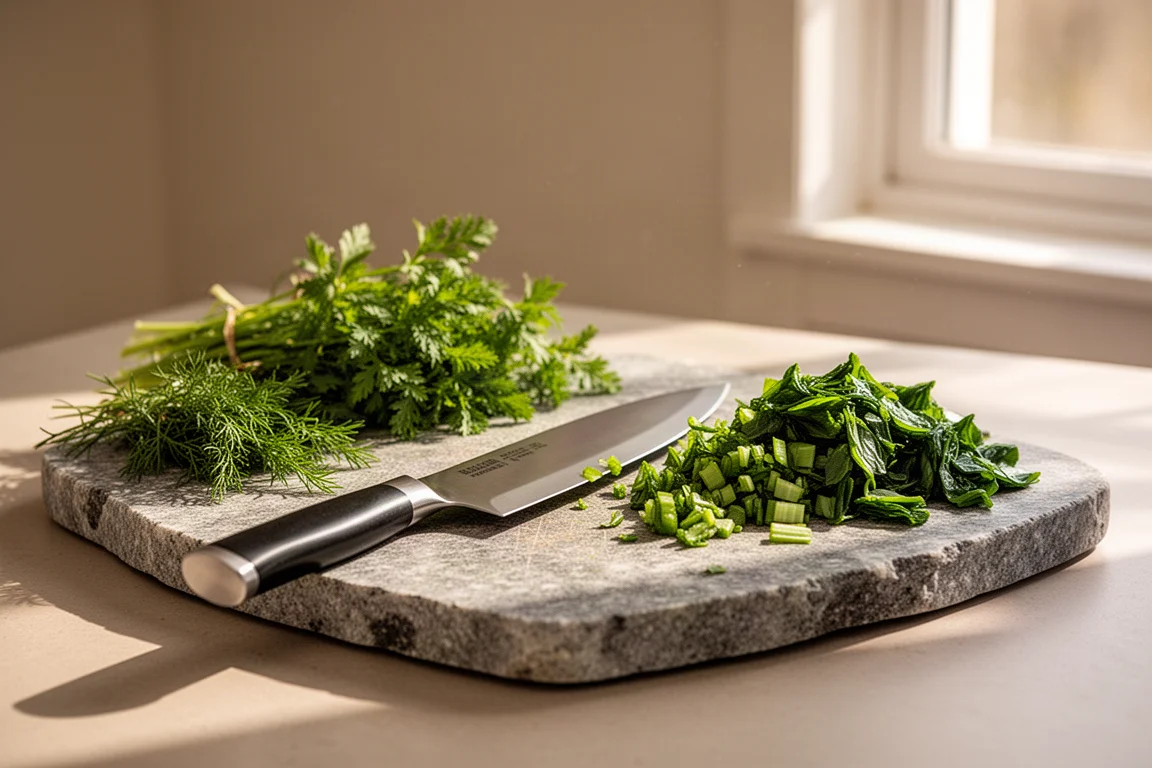 Home cook chopping herbs with a chef knife on a cutting board