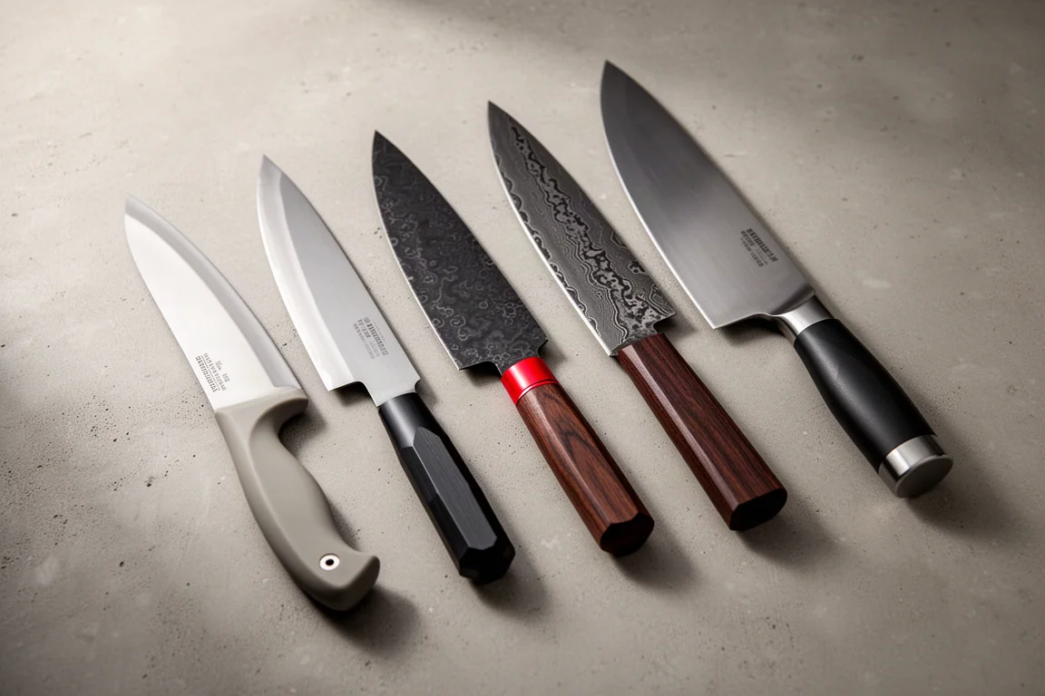 Four chef knives from different Cangshan series arranged on a concrete surface