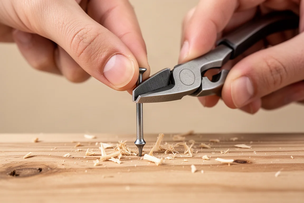 Due dita che estraggono un chiodo dritto dal legno con una tronchese