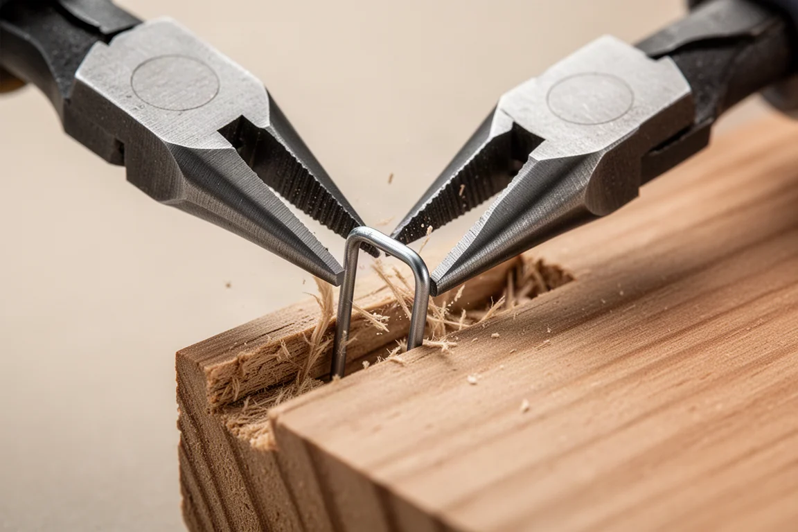 Le punte della tronchese che rimuovono una graffa bassissima da una superficie di legno