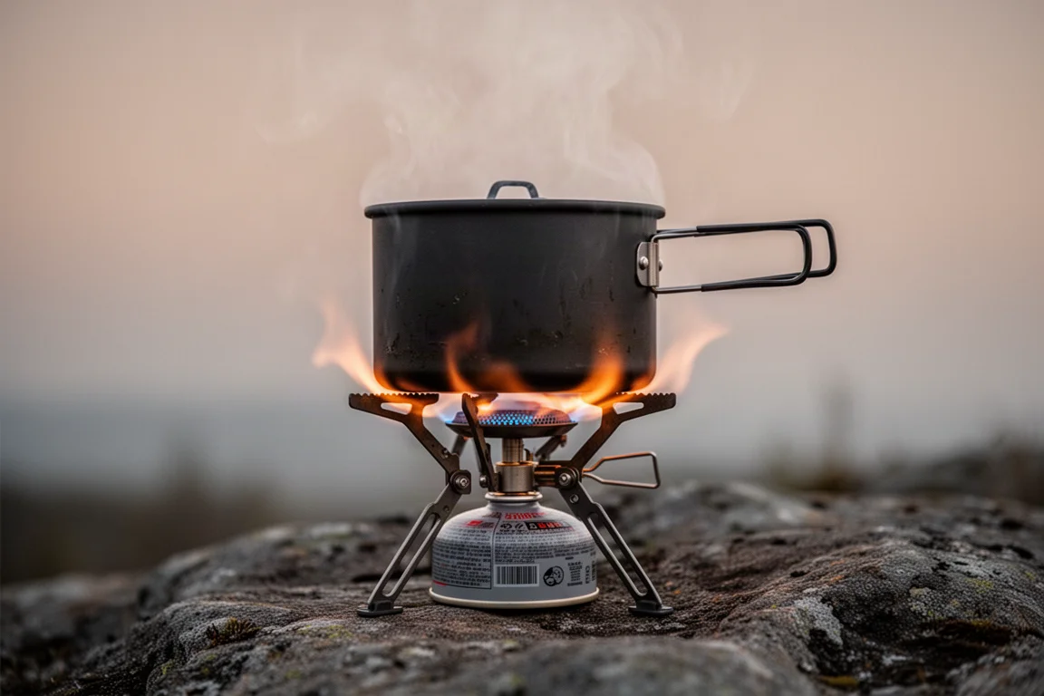 Close-up of a camping stove burner with a pot and flames at dawn