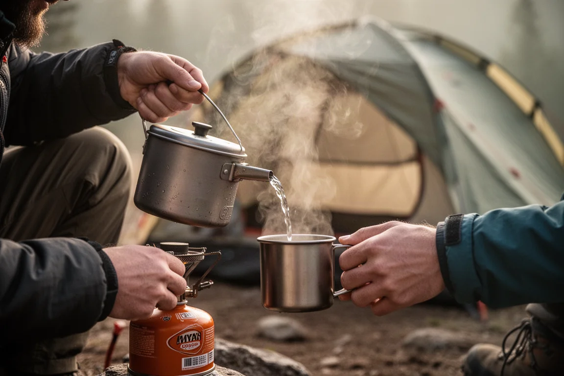 Hiker pouring hot water from an integrated stove pot into a mug