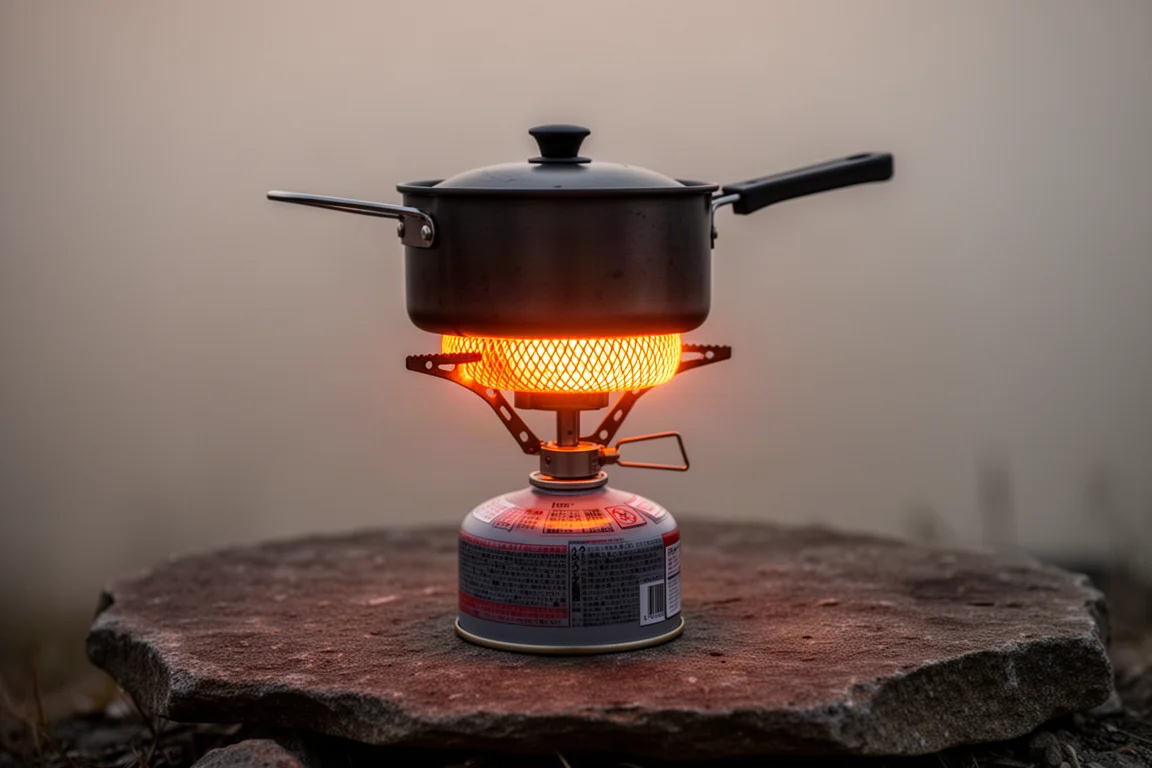Glowing radiant burner on a remote canister stove at dusk