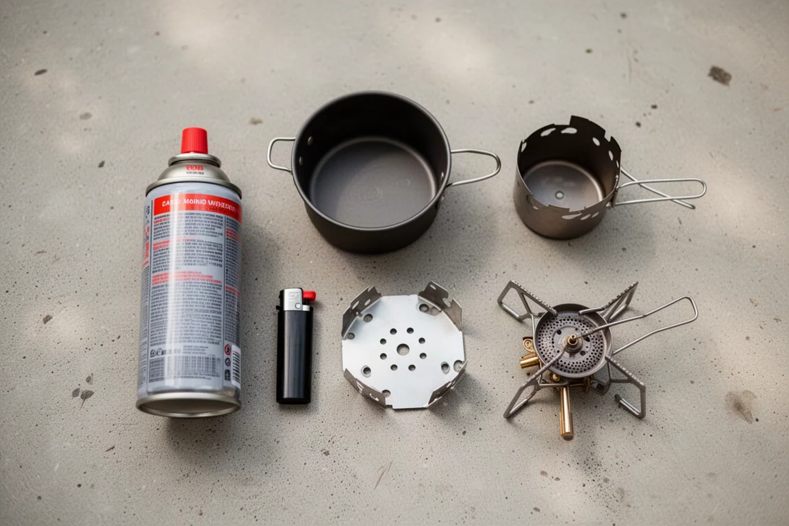 Flat-lay of camping stove accessories on concrete