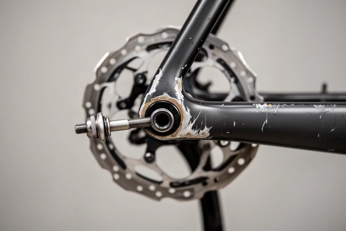 Hintere Ausfallenden und Schnellspanner an einem Scheibenbrems-Rennrad mit Bremsscheibe dahinter