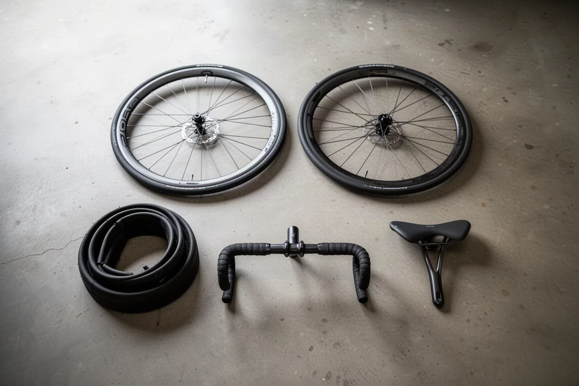 Draufsicht auf flach ausgelegte Rennrad-Upgrade-Teile auf einem Betonboden in der Garage