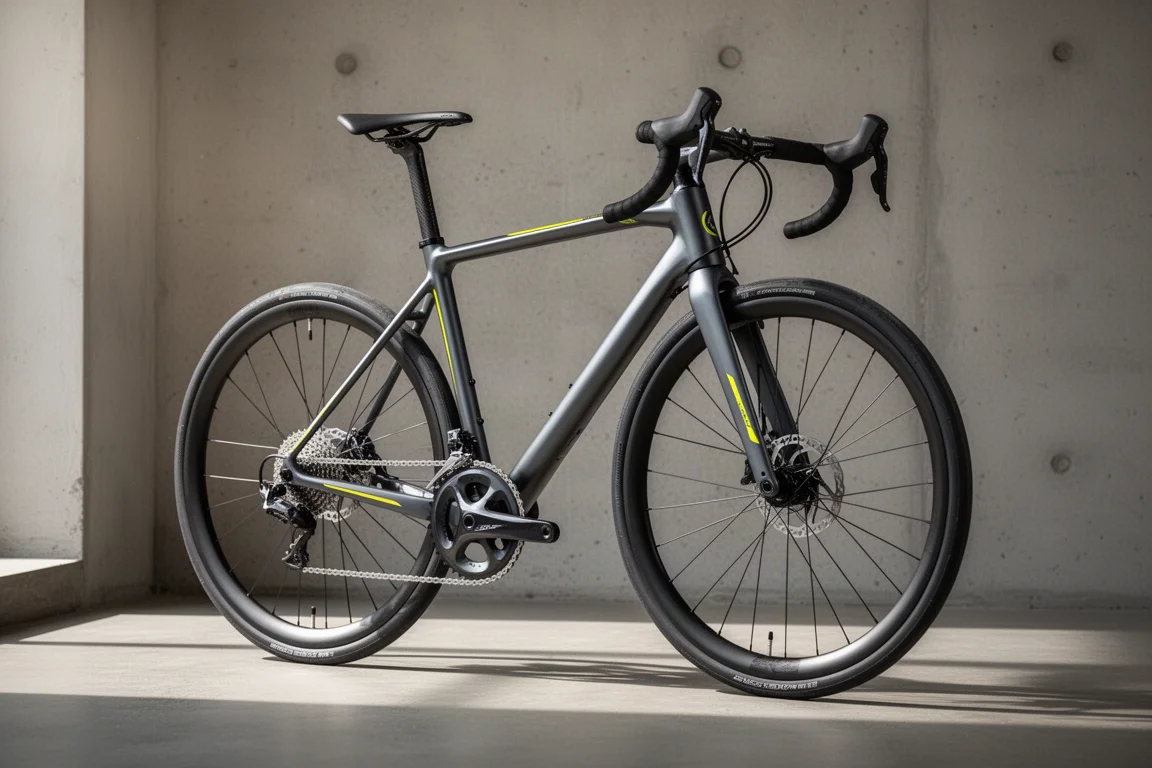 Dunkelgraues Rennrad mit Aluminiumrahmen und Scheibenbremsen lehnt bei weichem Tageslicht an einer Betonwand