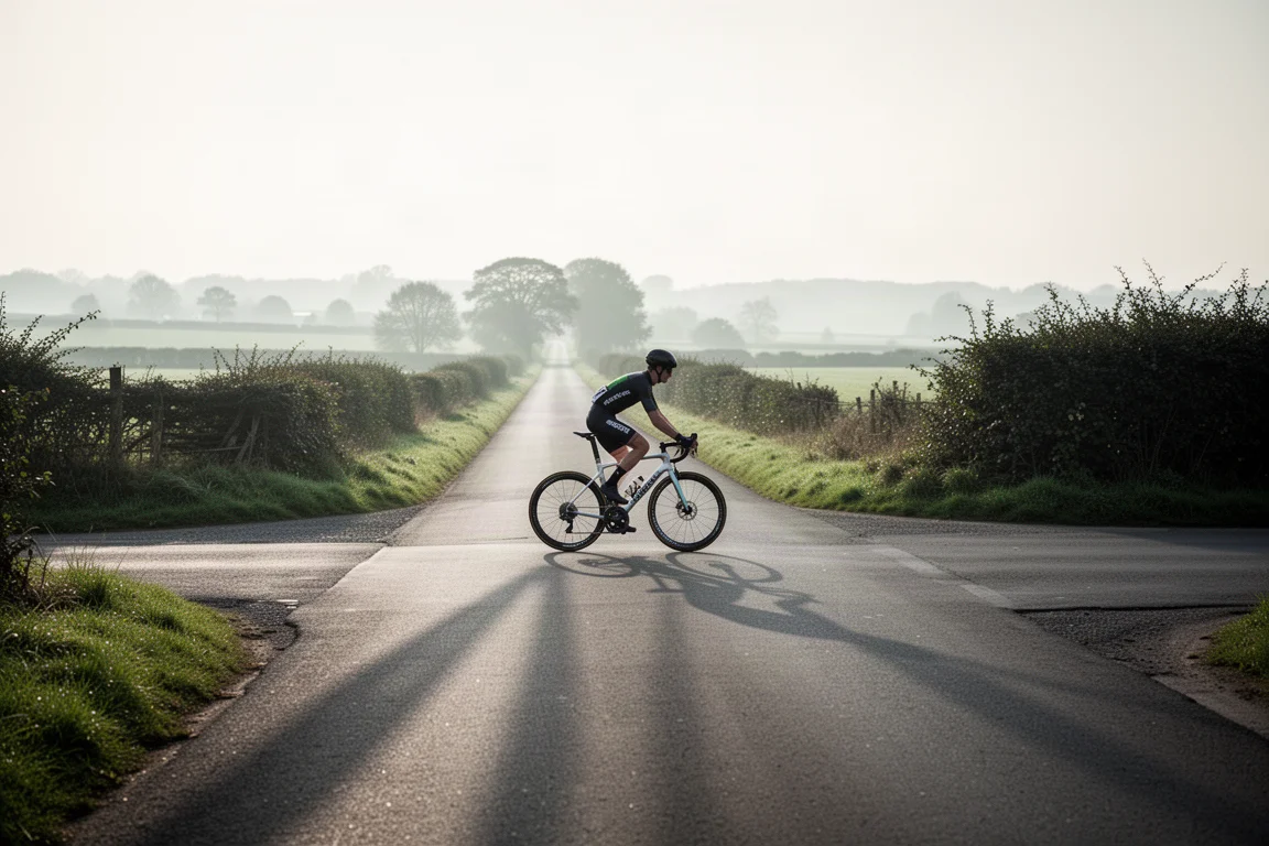 Ciclista de carretera rodando sobre una bicicleta ligera por un camino rural llano al amanecer