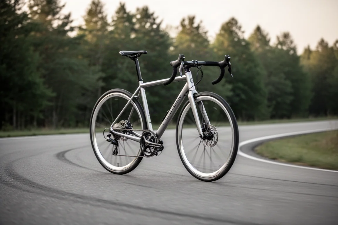 Bicicleta de carretera inclinada trazando una curva amplia de asfalto con la luz del final de la tarde