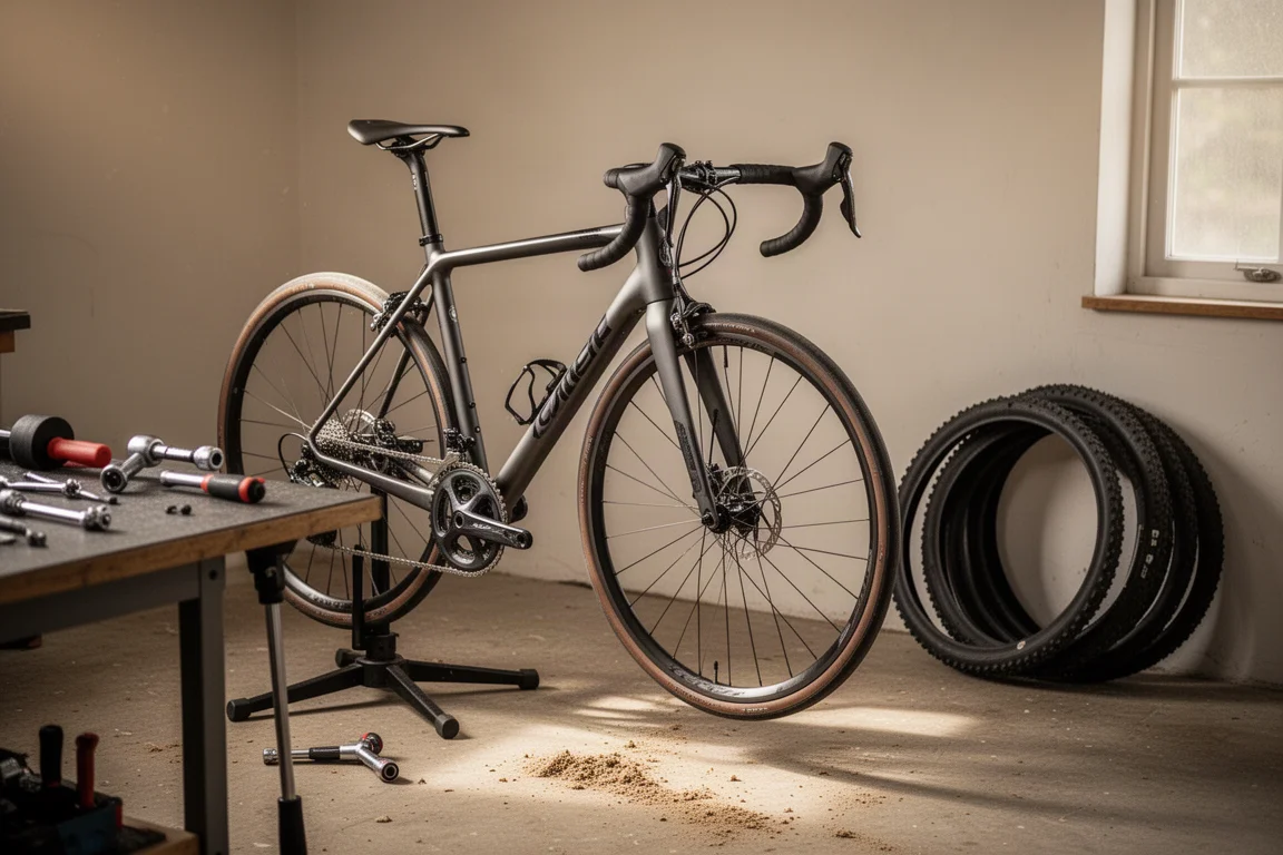 Bicicleta de carretera usada en un soporte de reparación de taller doméstico junto a herramientas manuales sobre un banco