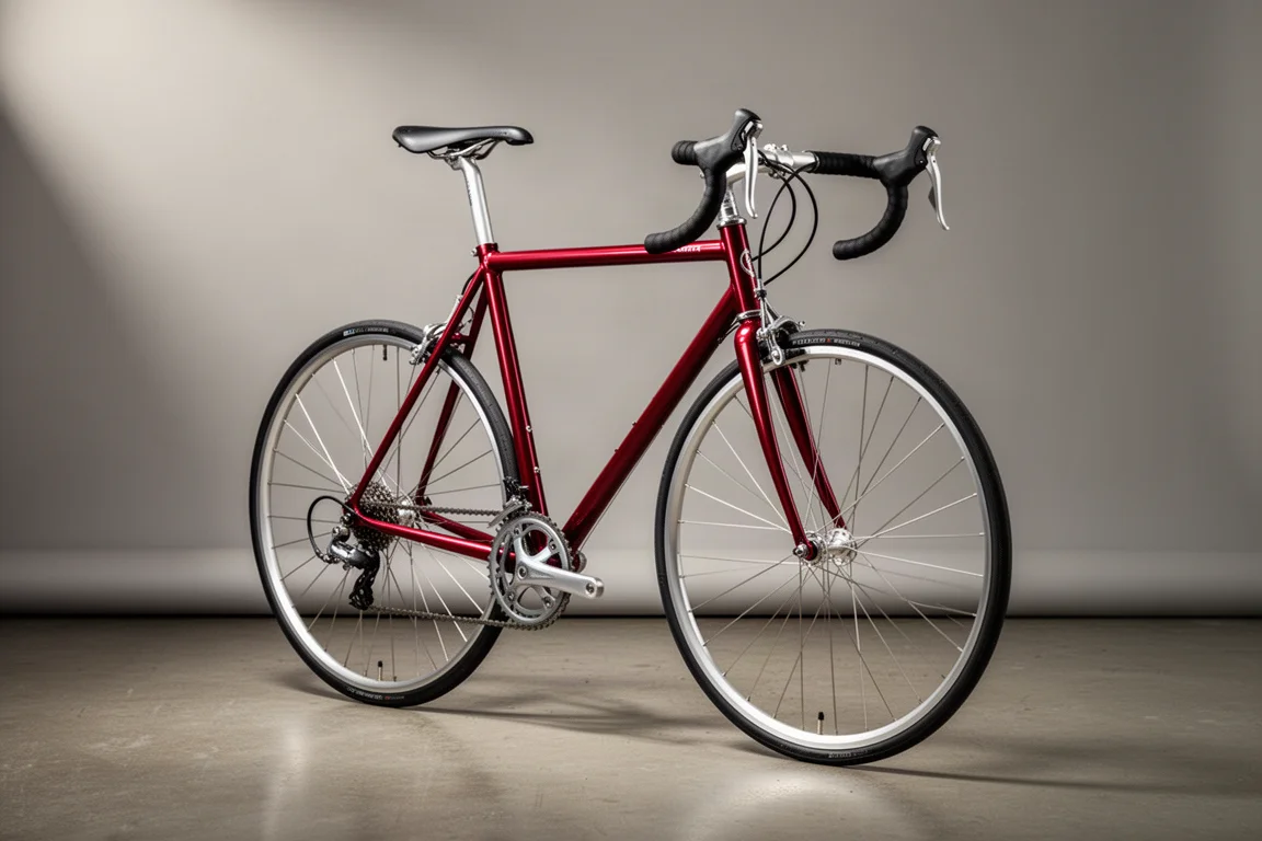 Lätt aluminiumracer med fälgbromsar fotograferad mot en neutral grå bakgrund