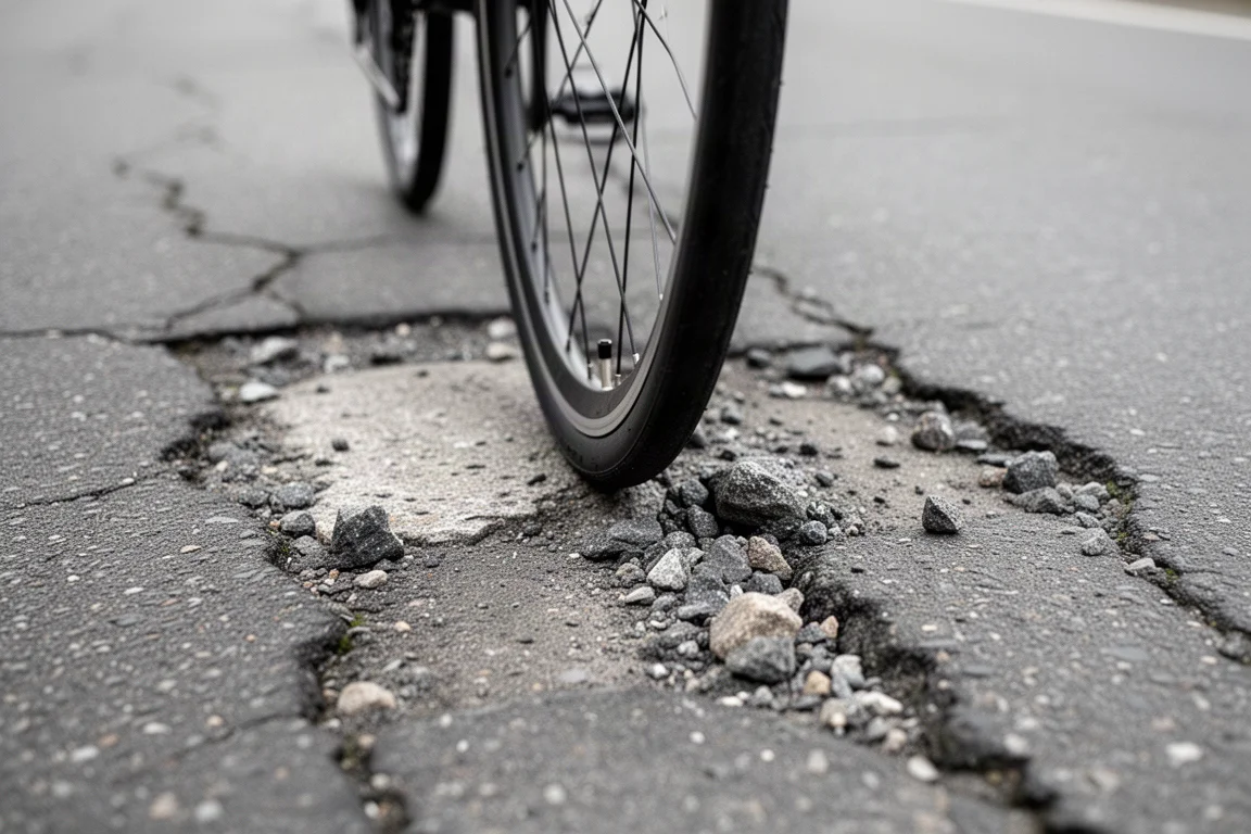 Gebrauchtes Rennrad auf dem Werkstattboden neben Werkzeug und Reinigungstüchern