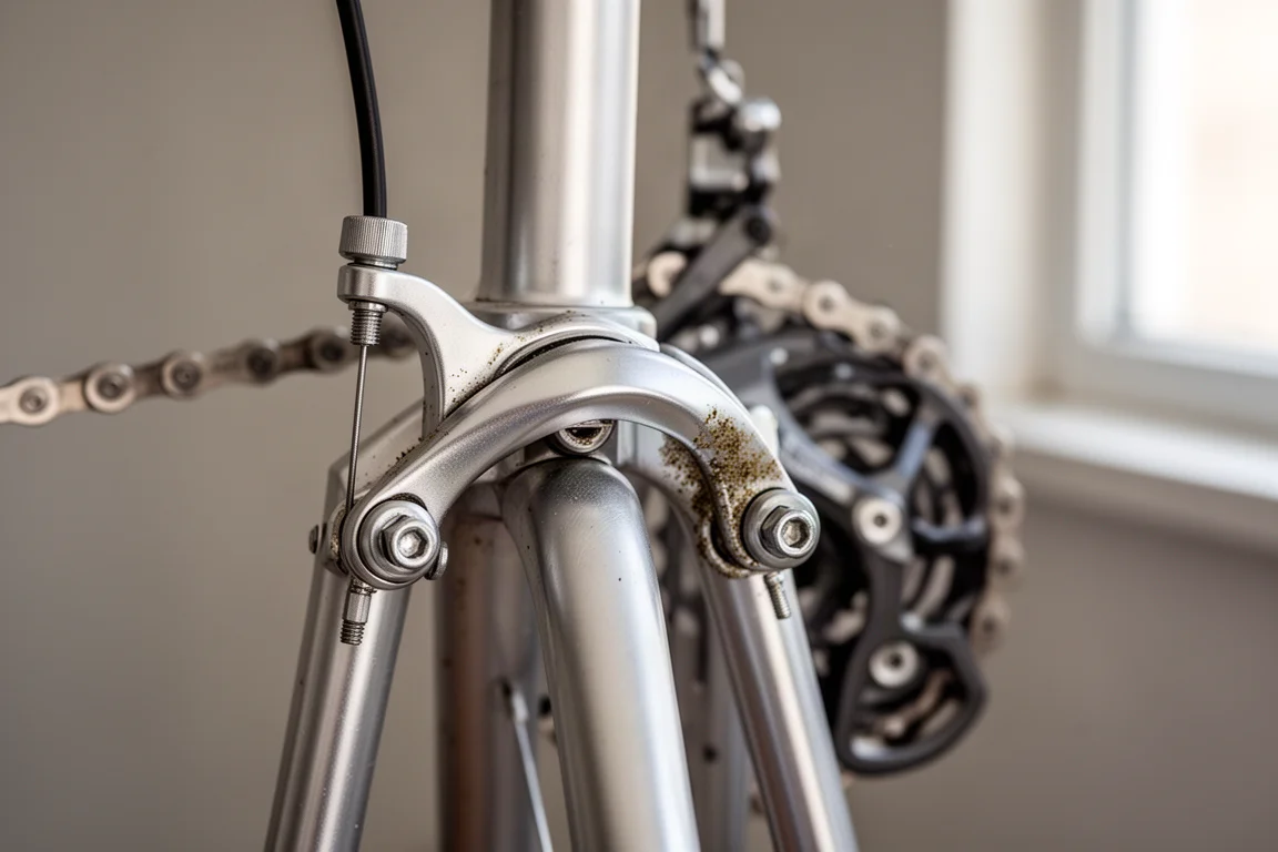 Nahaufnahme eines silbernen Felgenbremssattels und des Antriebs an einem Rennrad