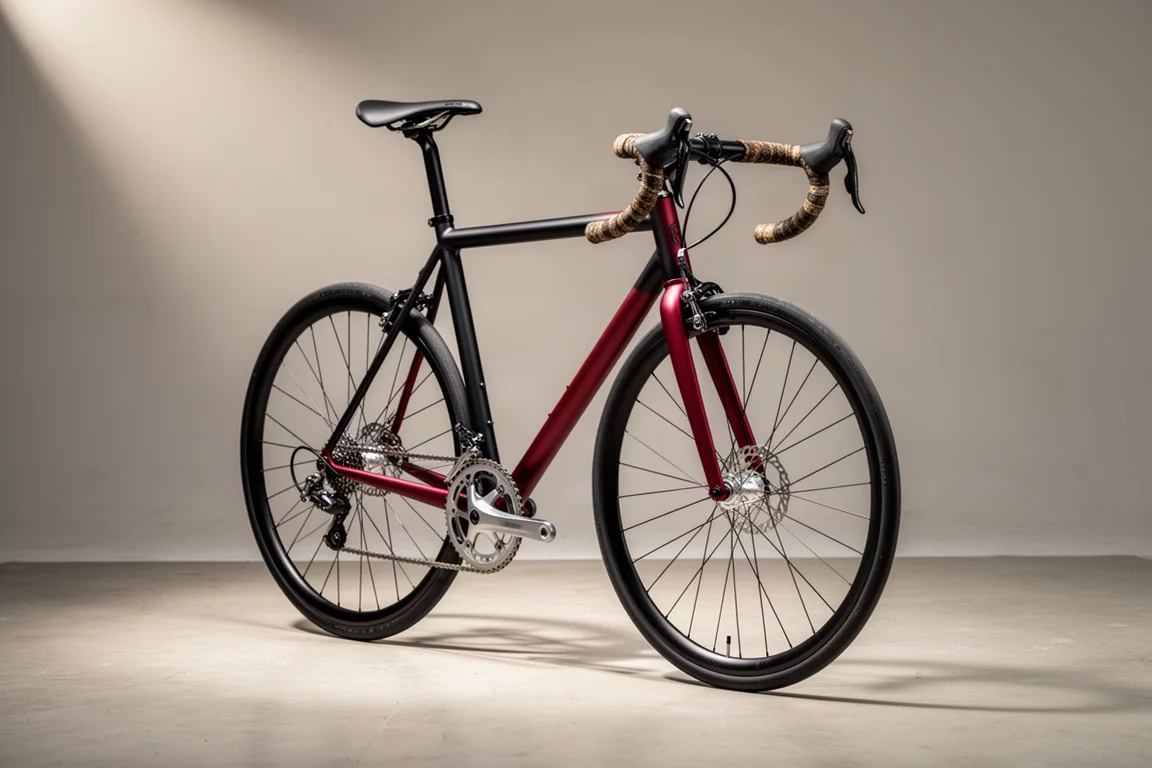 Aluminium-Rennrad mit Felgenbremsen in Dreiviertelansicht auf Beton fotografiert