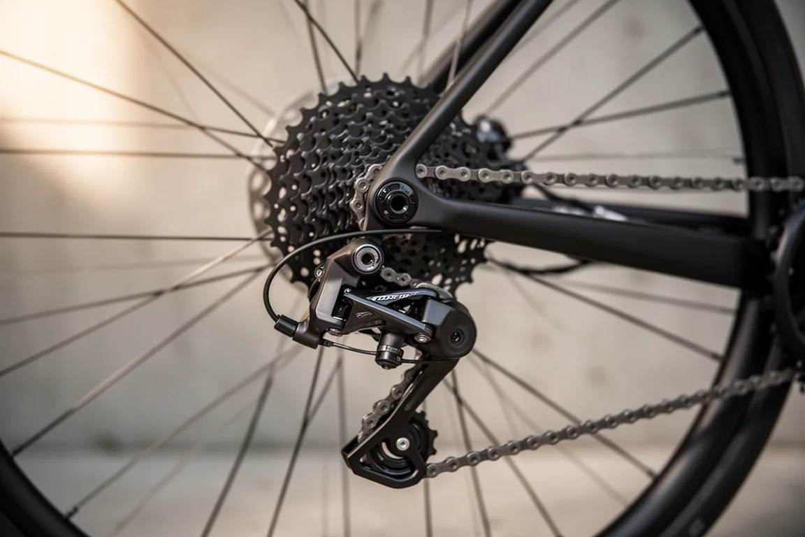 Nahaufnahme eines mechanischen Rennrad-Schalthebels und der Bremsleitungsführung am Lenker