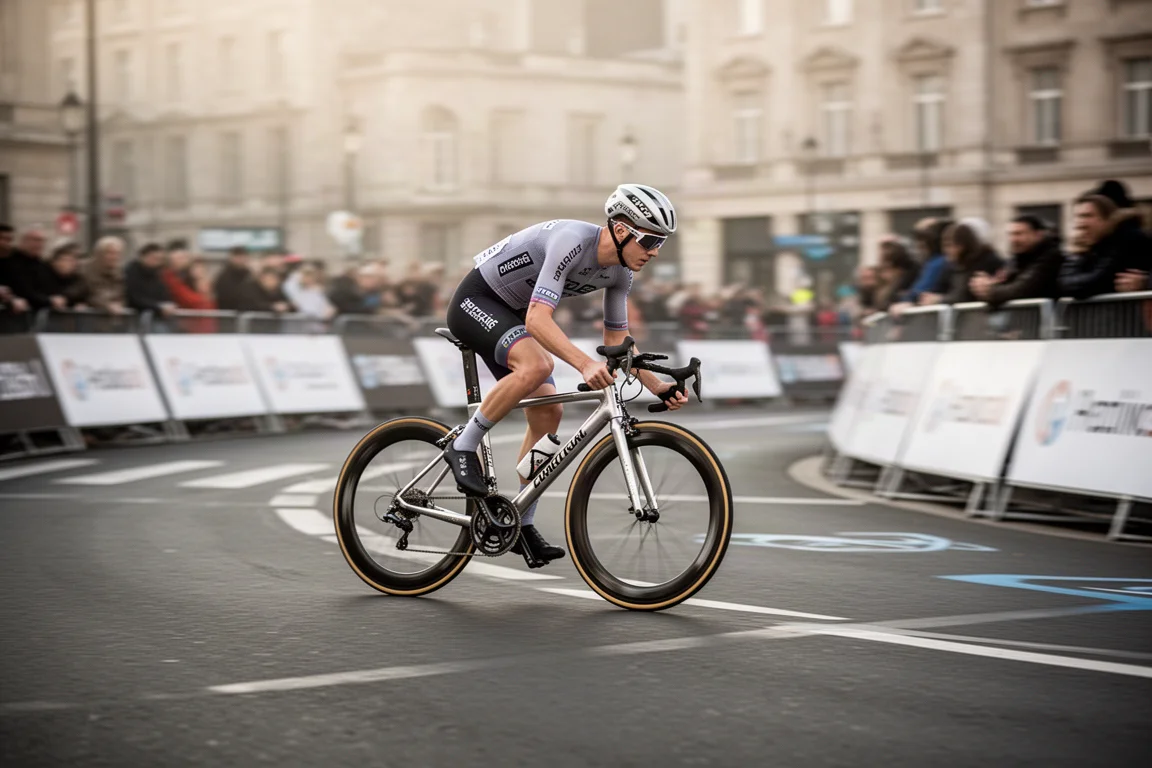 Cyclist cornering hard on an aluminium race bike at a city centre criterium circuit