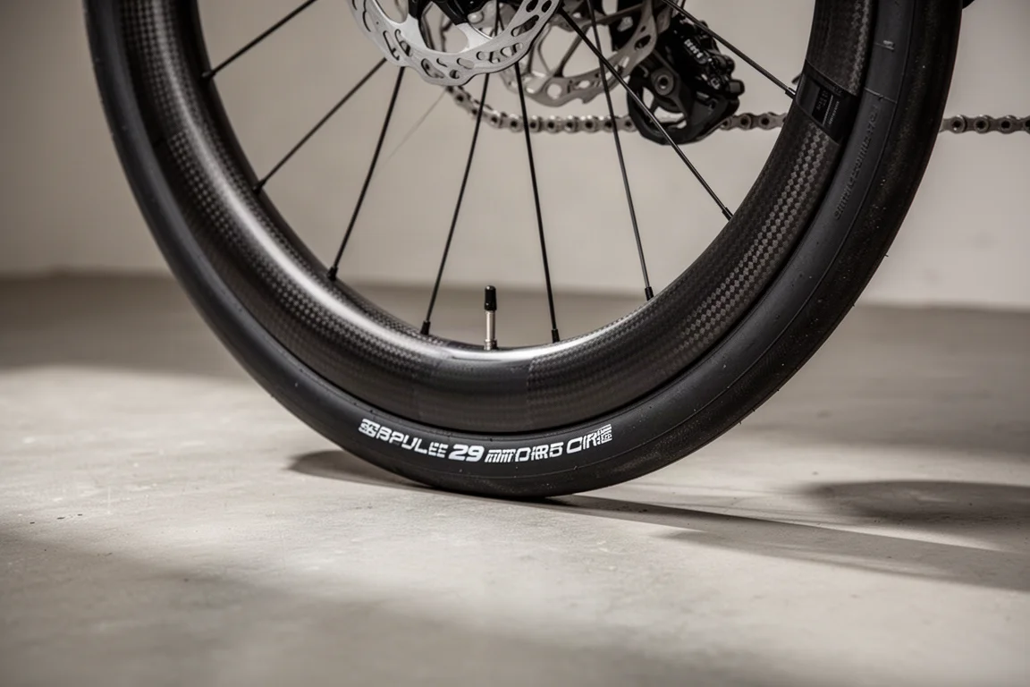 Close-up of a deep section carbon rim, road tyre and hydraulic disc brake rotor