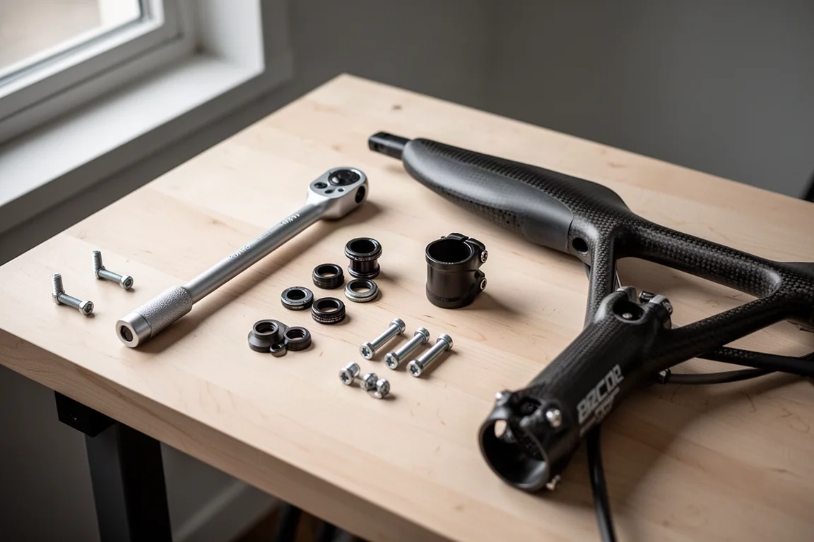 Flat lay of bike workshop tools and a partially disassembled carbon cockpit on a workbench