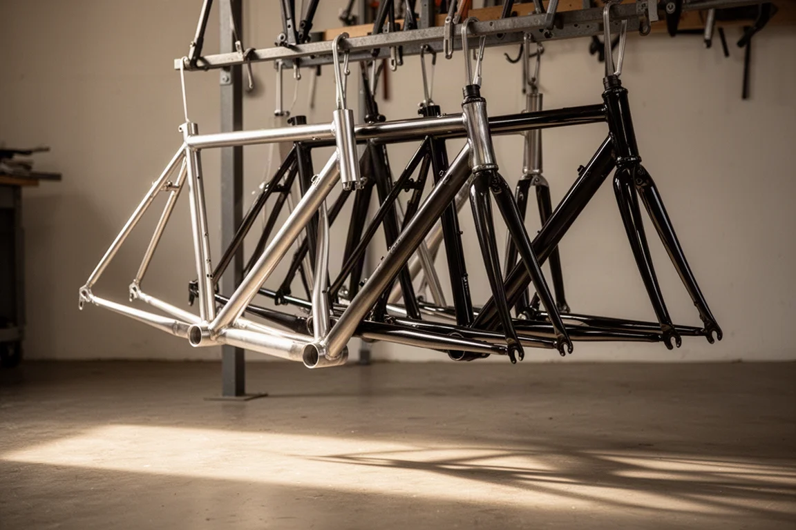 Row of bare aluminium and painted bicycle frames hanging on a workshop rack