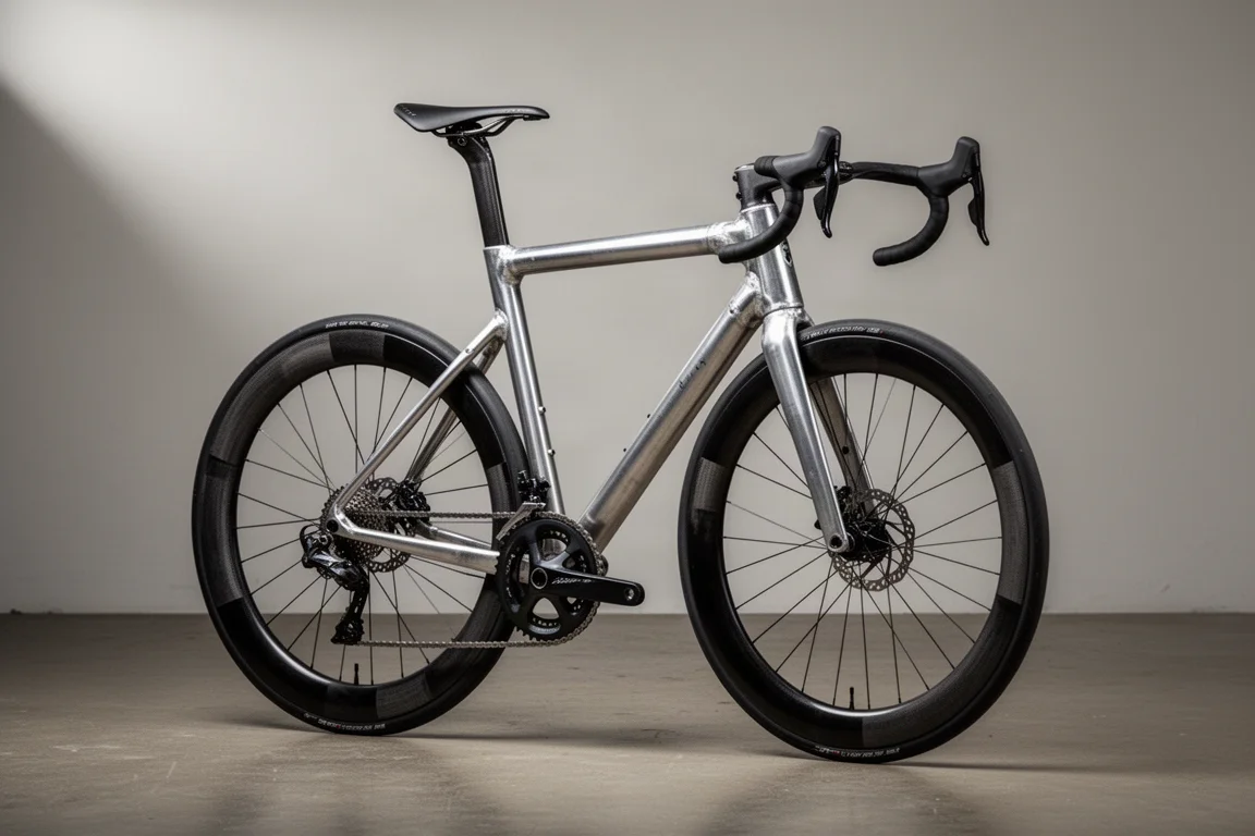 Raw aluminium road racing bike with deep section carbon wheels on a neutral backdrop
