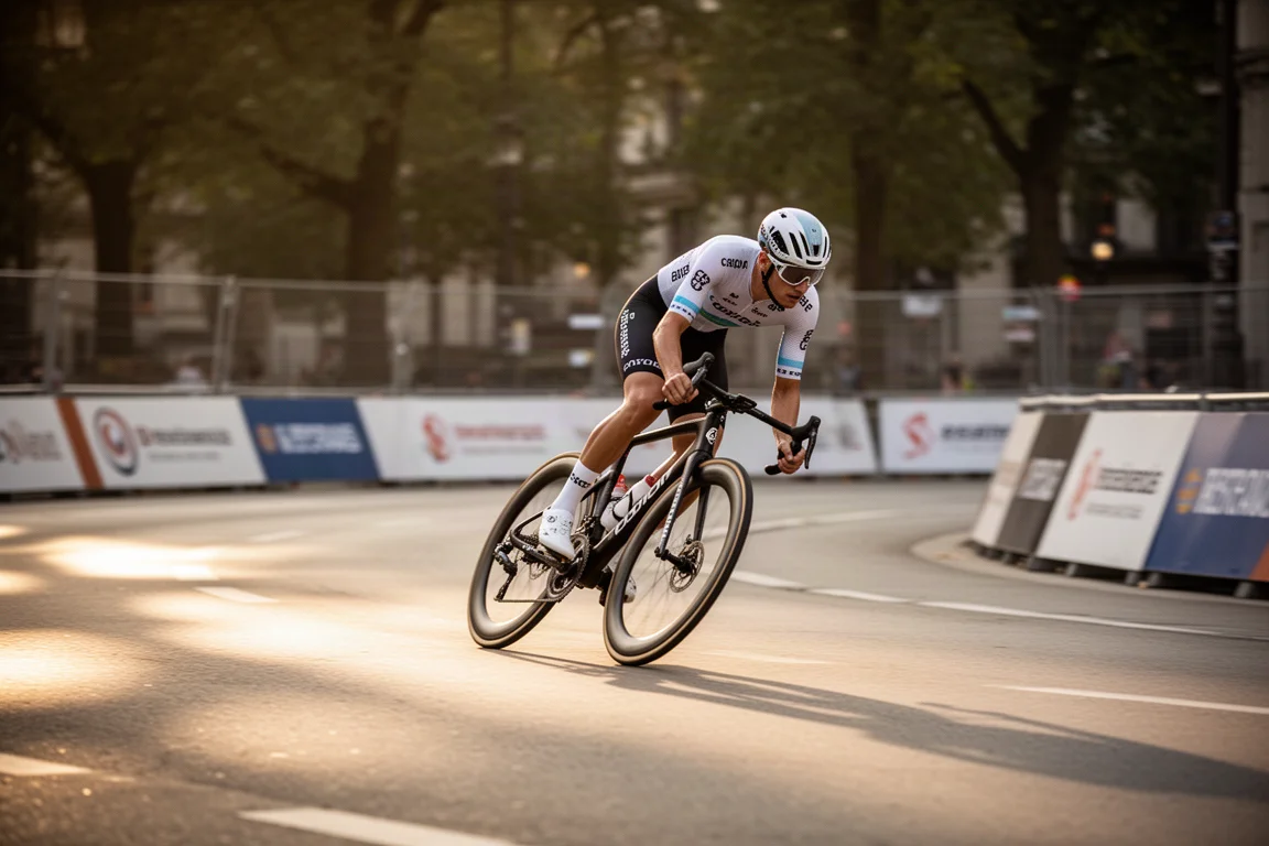 Kolarz szosowy ostro pokonujący zakręt na zamkniętym torze criterium w złotym świetle