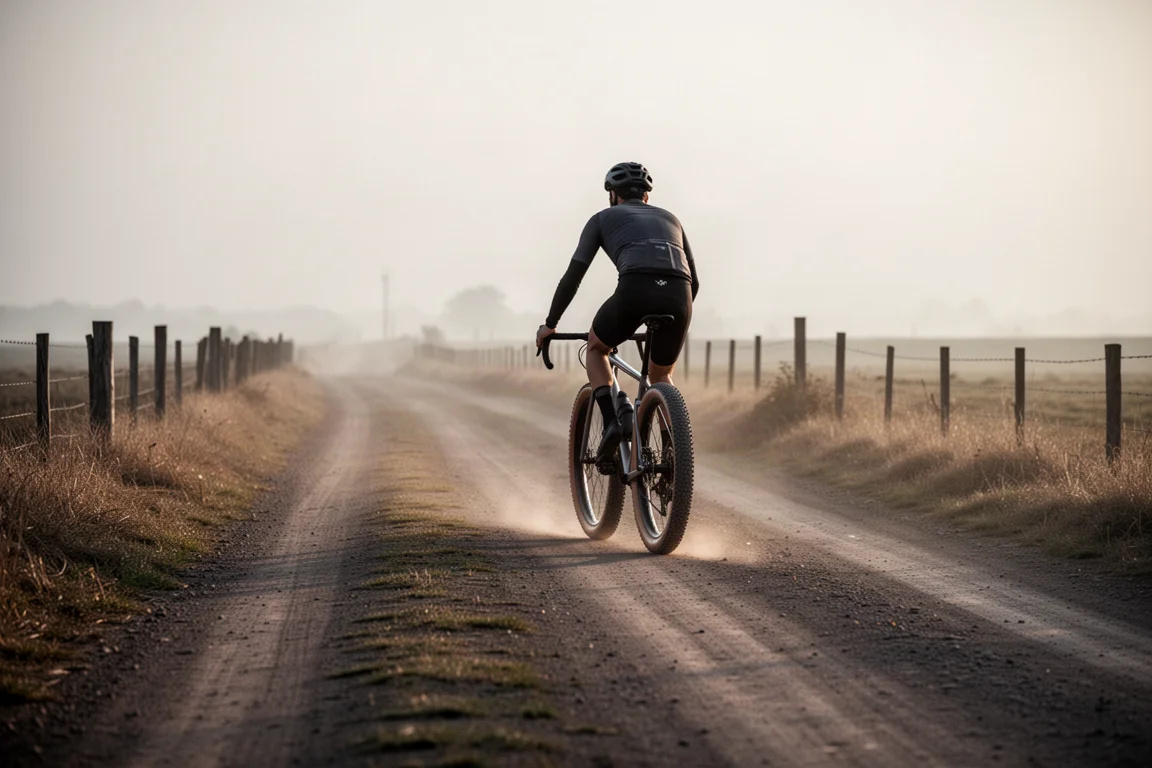 Ciclista de gravel sobre una bici de neumáticos anchos en una carretera rural vacía al amanecer
