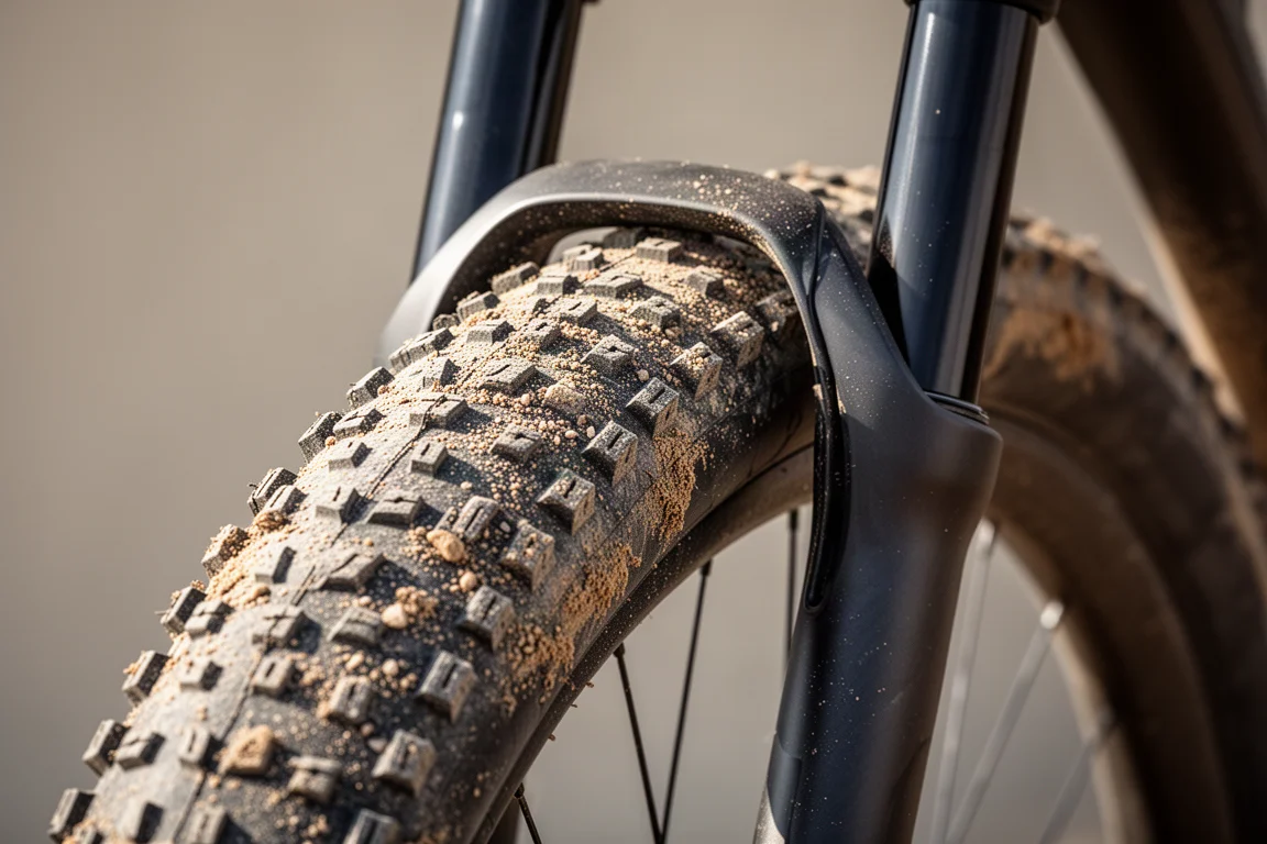 Primer plano de un neumático de gravel ancho y rugoso montado en una horquilla de carbono con holgura visible