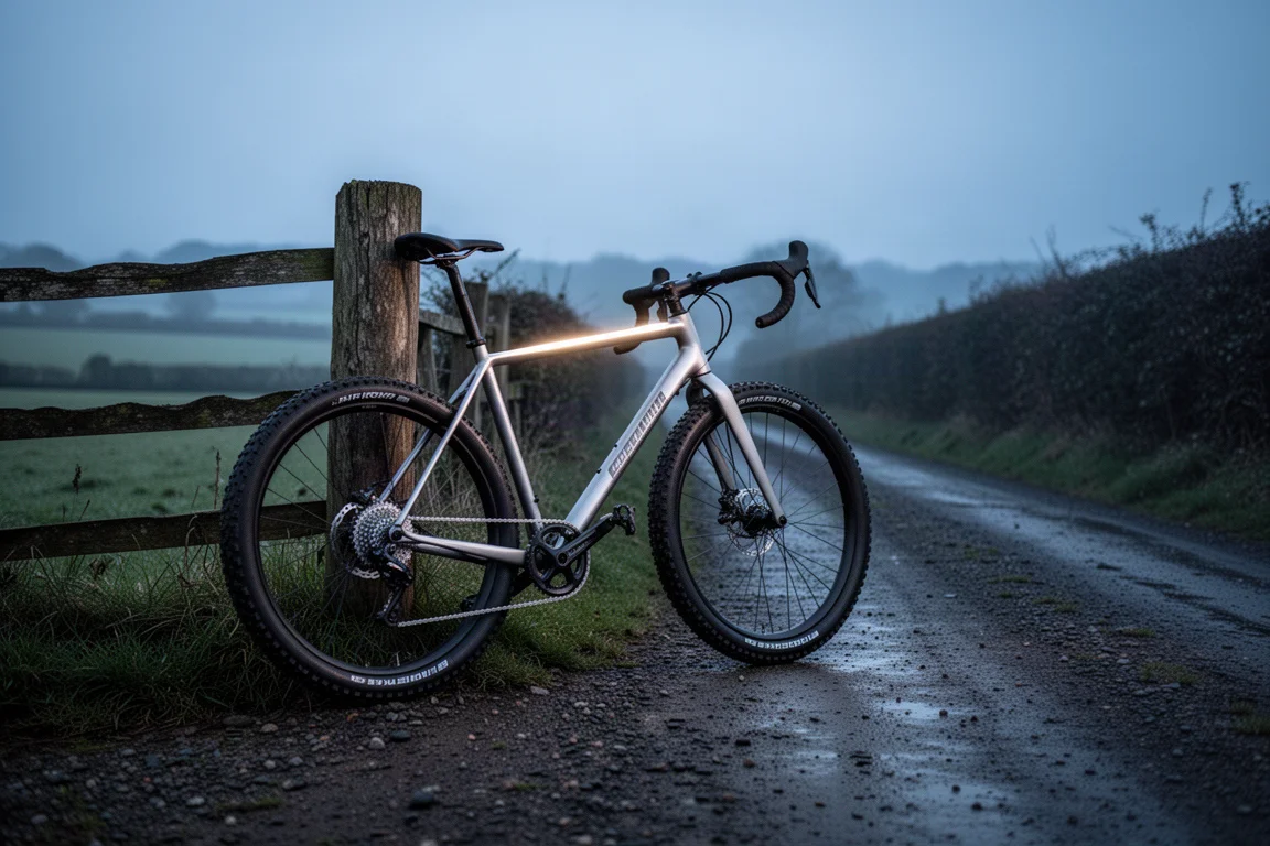 Bicicleta de gravel apoyada en un poste de valla en un tranquilo camino rural al atardecer