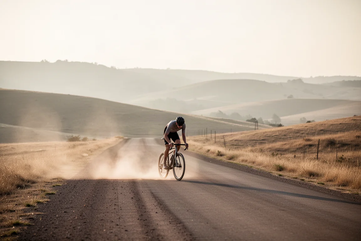 Gravel cyclist riding a long mixed-surface route with dust rising behind the bike