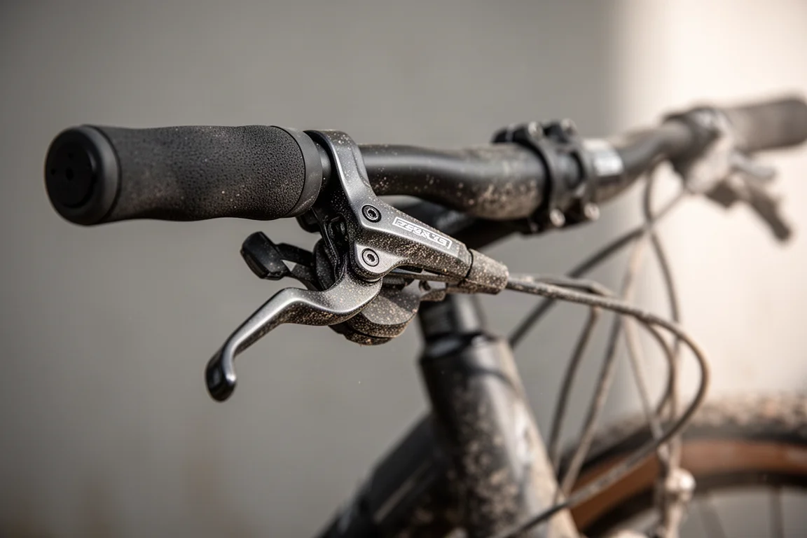 Close-up of a dusty drop bar lever and front derailleur on a gravel bike