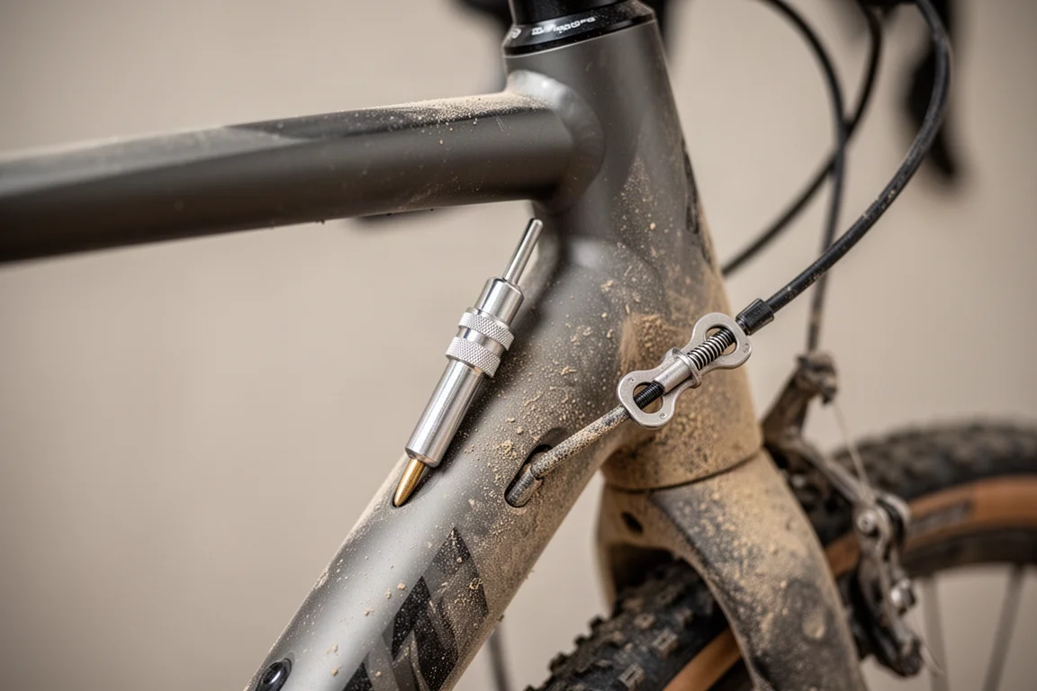 Small tire plug tool tucked against the top tube of a dusty gravel bike