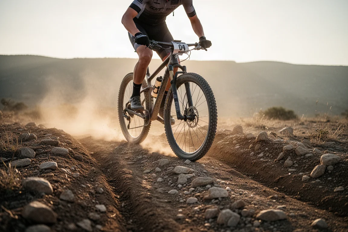 Gravel racer crossing rocky terrain at golden hour with dust in the air