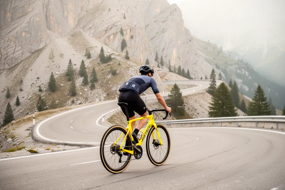 Cycliste sur route gravissant un col abrupt sur un vélo de course jaune vif
