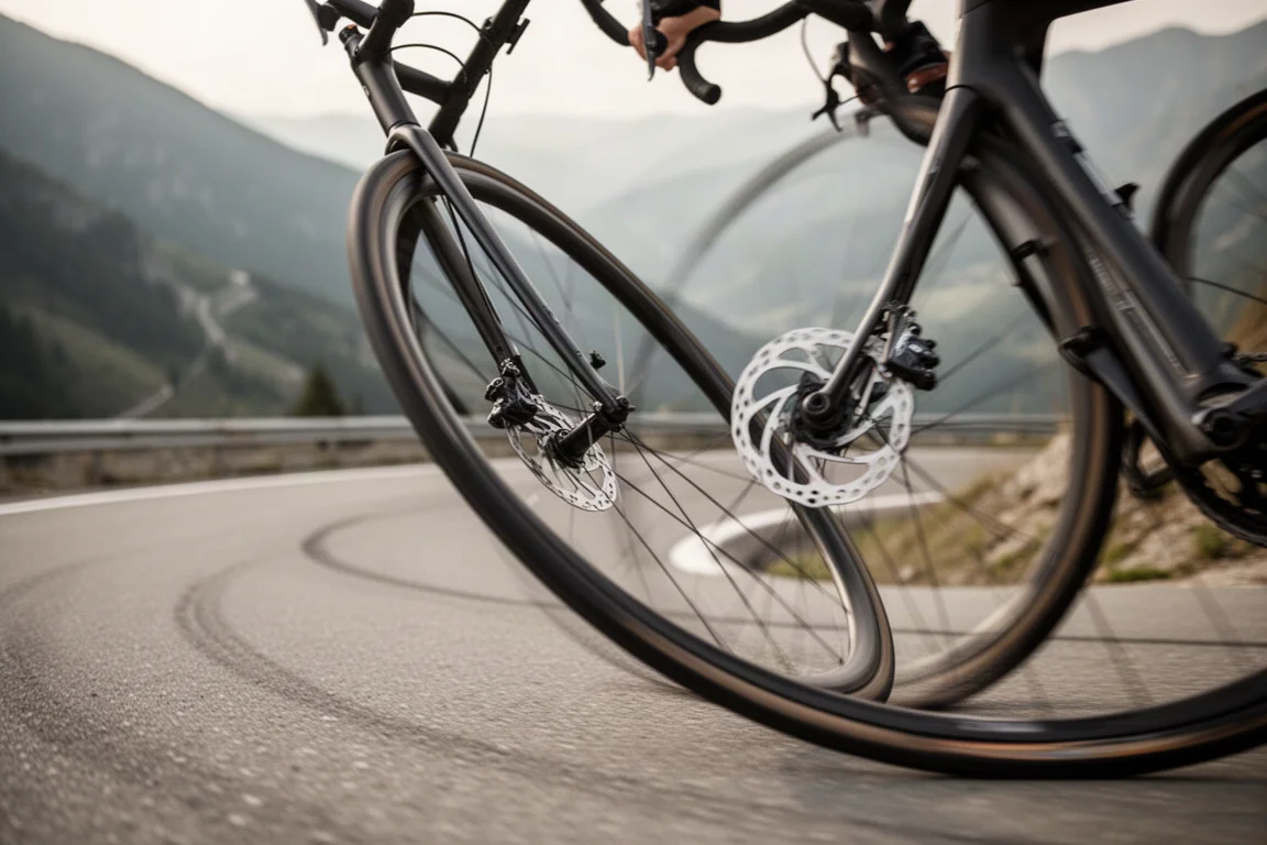 Gros plan d’un vélo de route fortement incliné dans un virage en épingle
