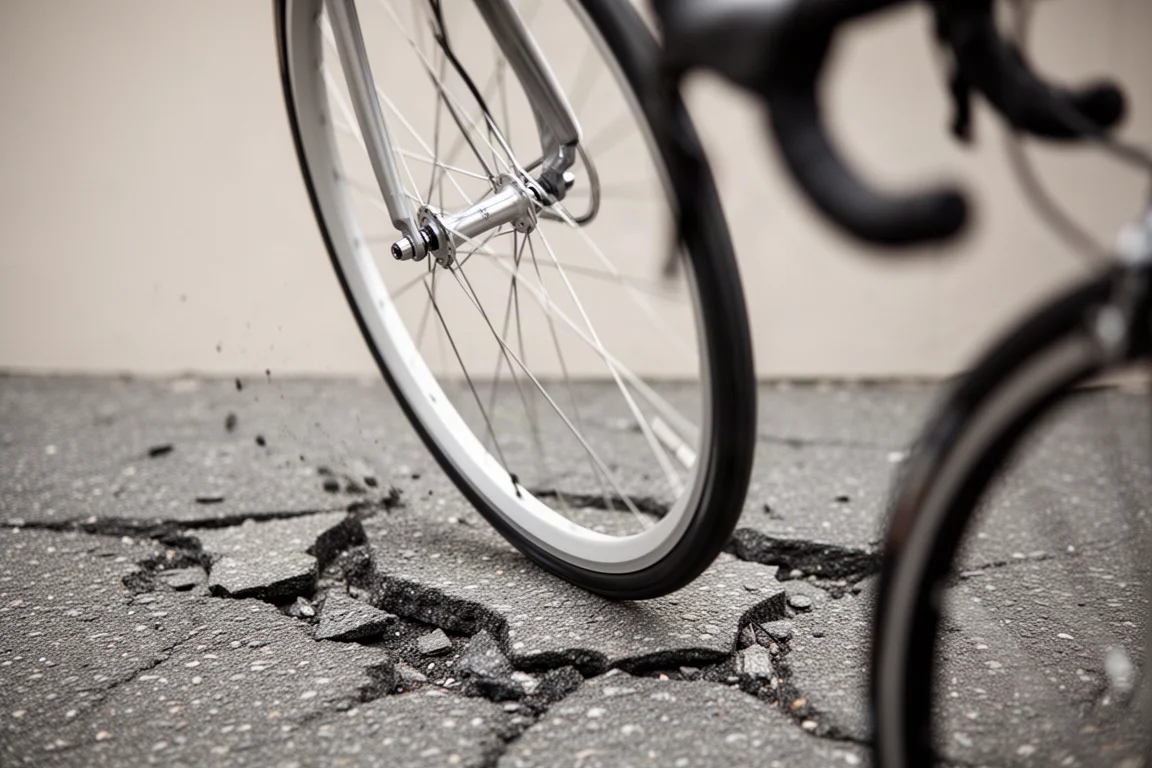 Détail d’une roue et d’un pneu de vélo de route sur un bitume rugueux