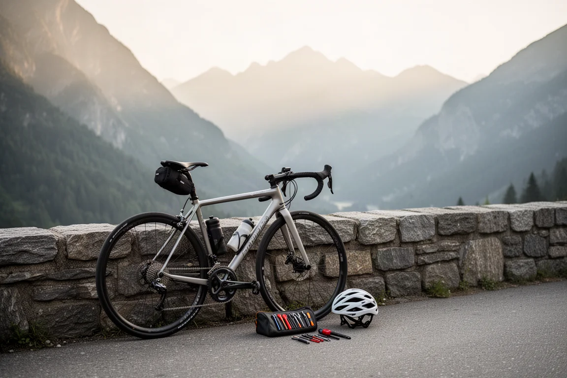 Vélo de route au bord d’une route de vallée alpine avec pièces de rechange disposées