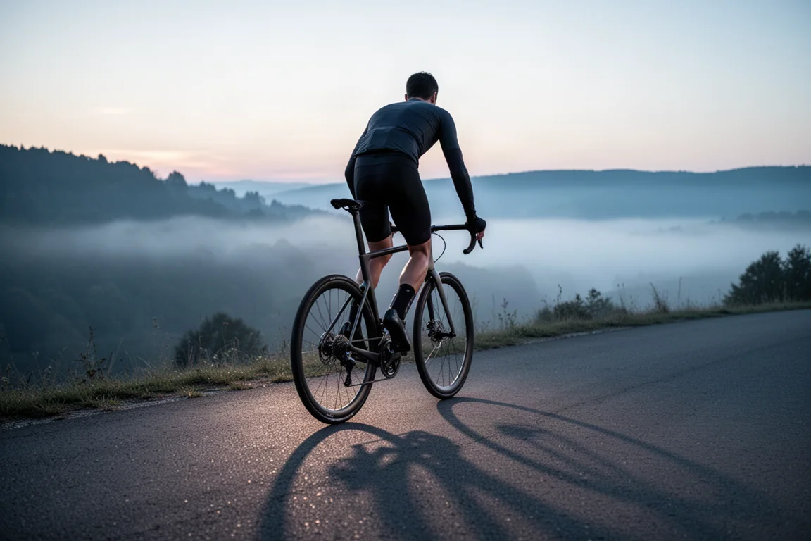 Ciclista su strada che scala una ripida strada in asfalto all'alba con nebbia nella valle