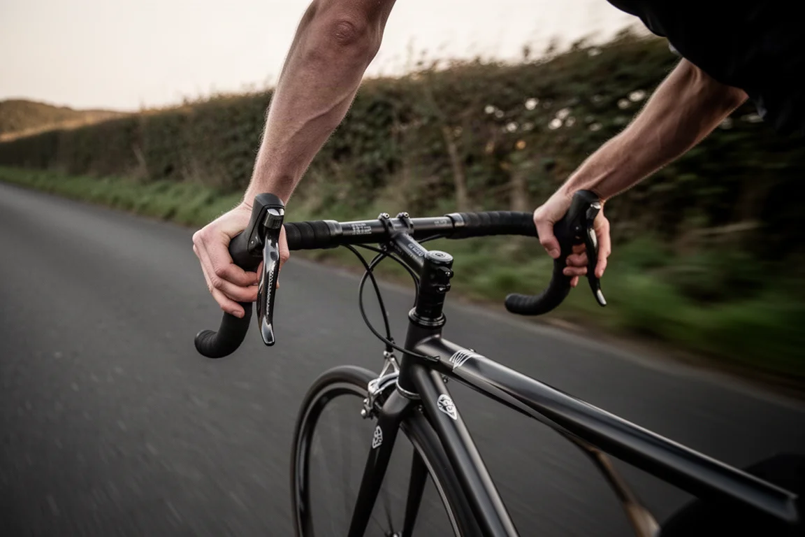 Les mains d'un cycliste sur le guidon d'un vélo de route à vive allure sur un bitume lisse
