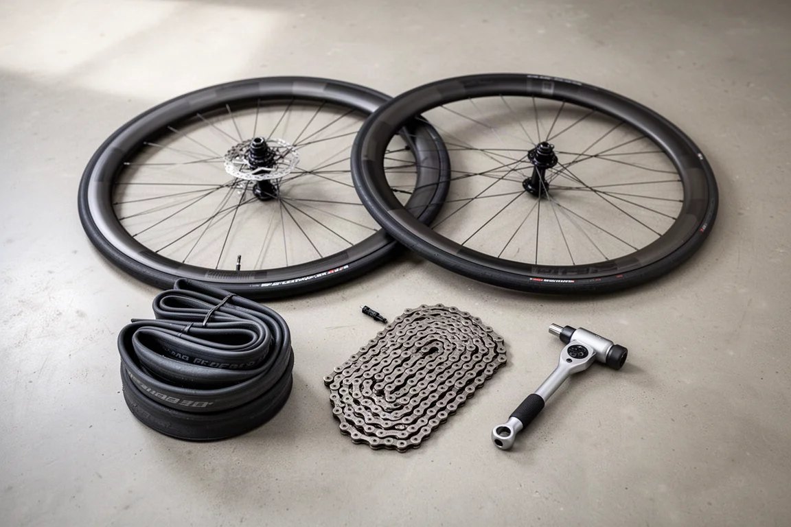 Vue à plat des composants d'un vélo de route sur béton brossé