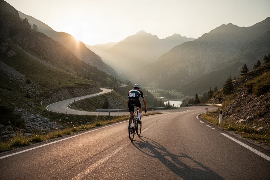 Cycliste sur route gravissant un col sinueux dans une lumière dorée rasante